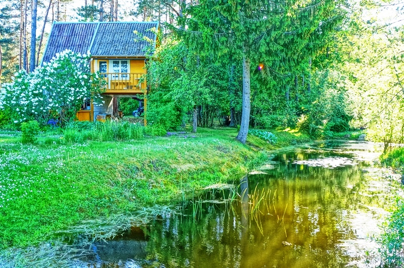 Įdomios architektūros, kraštinis sodo namas pušyne prie tvenkinio, Švenčionių rajone, Statkuškės kaime, Švenčionėlių pakraštyje